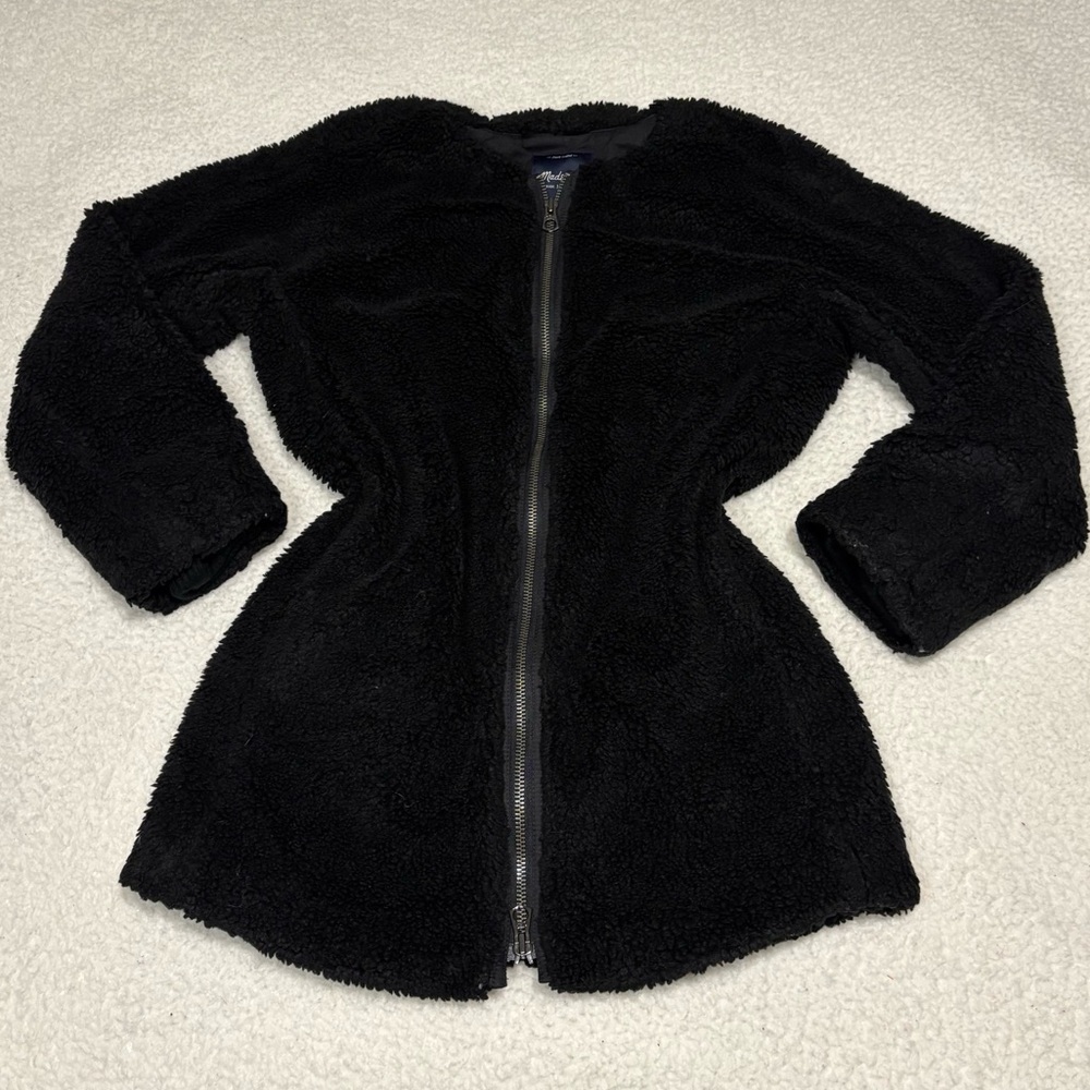 Madewell Women Black Sherpa Fleece Full Zip Midi Jacket